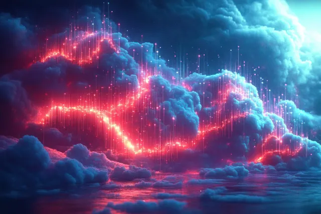 Neon red and pink light waves weave through blue clouds, reflected on nighttime water