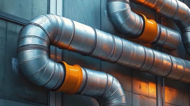 Silver ventilation ducts with orange insulated sections curve across an industrial ceiling with visible metal reflections.