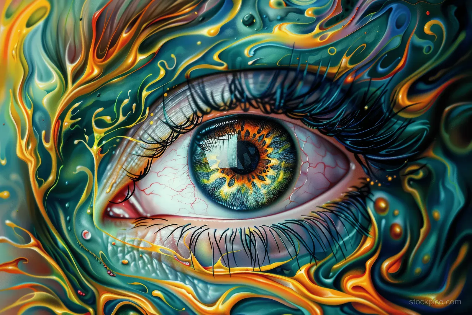 A close-up dragon-themed eye surrounded by swirling psychedelic colors and glowing patterned flames.