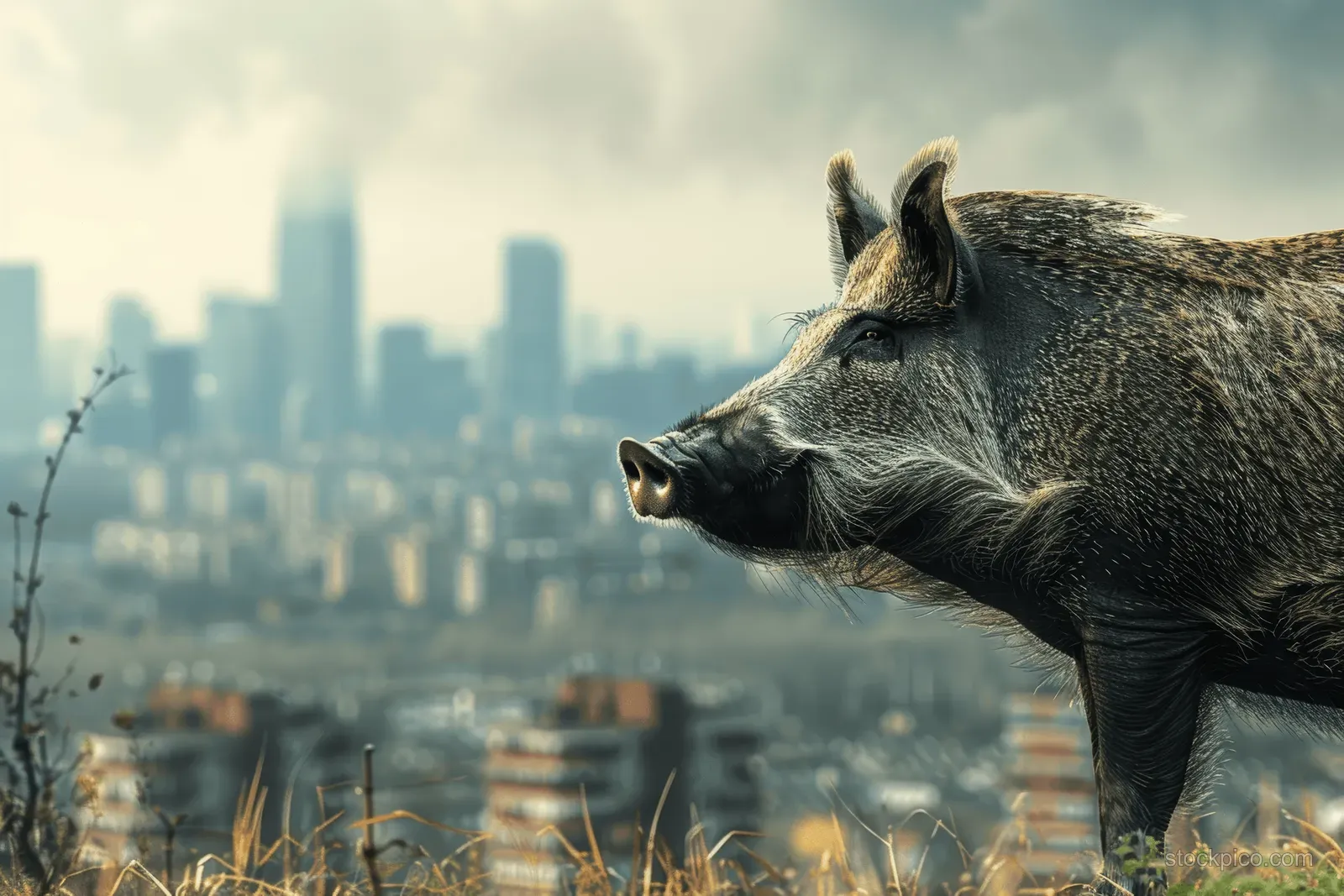 Wild boar on a grassy hill with a hazy city skyline in the background at dusk.