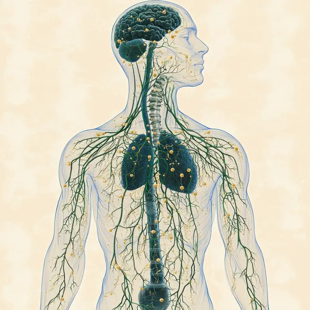 Lymphatic system illustration on male front torso with highlighted nodes and vessels