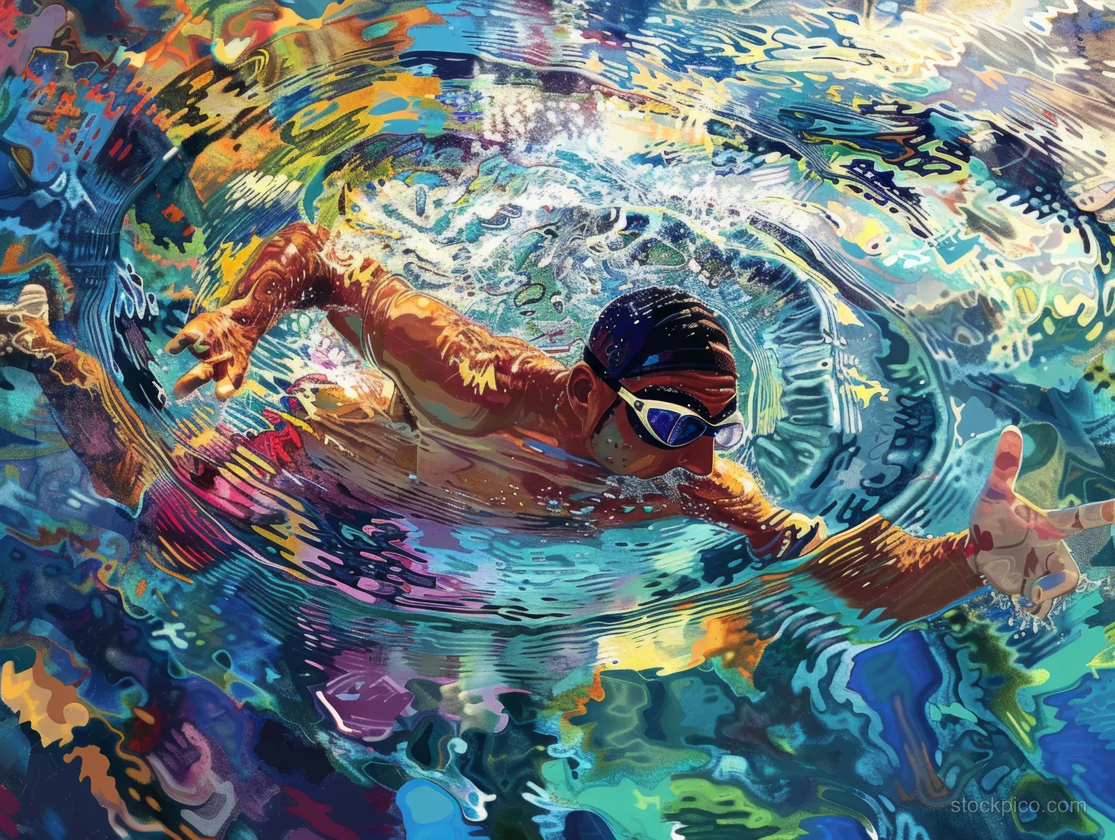 Illustrated male swimmer doing backstroke with colorful water ripples and splashes.