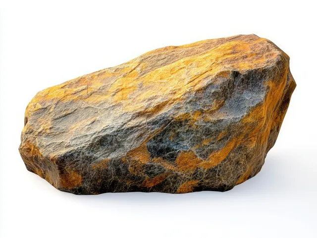 A rough brown and gray textured rock sits on a clean white background.