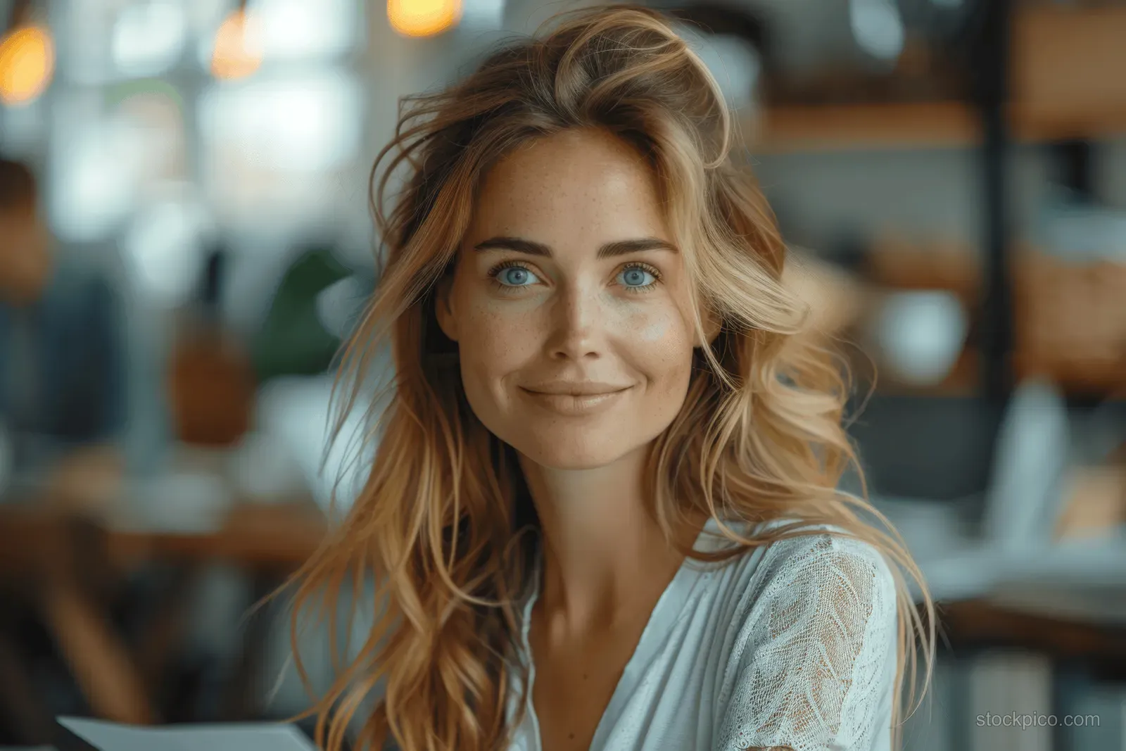 Smiling businesswoman discusses paperwork with a businessman during an office meeting.