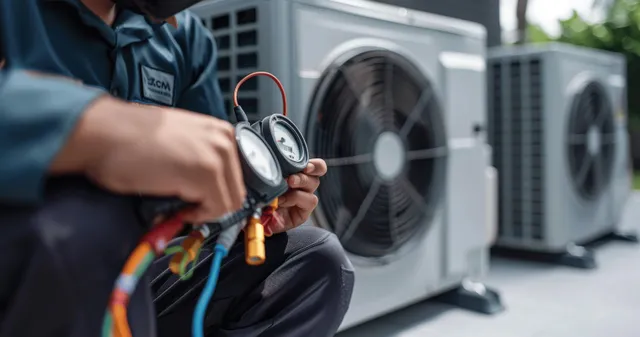 Technician in work uniform holds gauges while inspecting an outdoor air conditioner unit with visible fans.