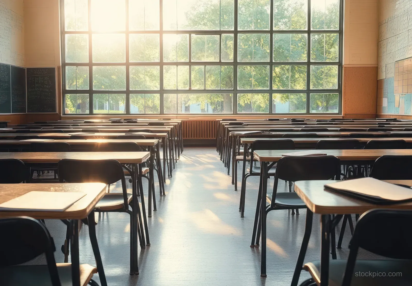 Empty classroom with rows of desks and chairs, warm sunlight through large windows and green trees outside.