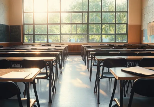 Empty classroom with rows of desks and chairs, warm sunlight through large windows and green trees outside.