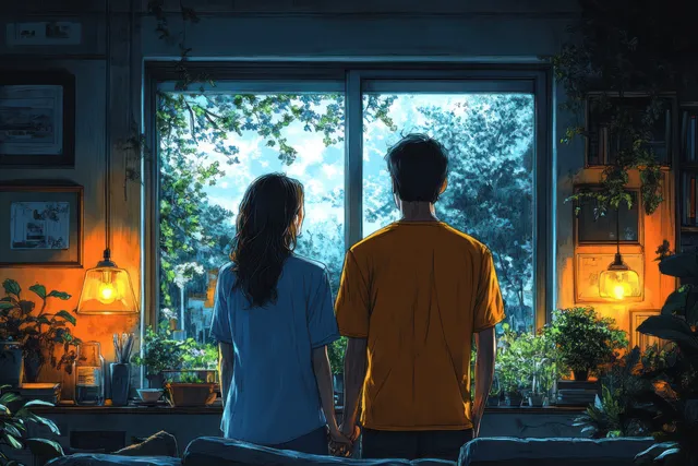 A young couple sits facing a window in a cozy living room with warm lamps and greenery outside.