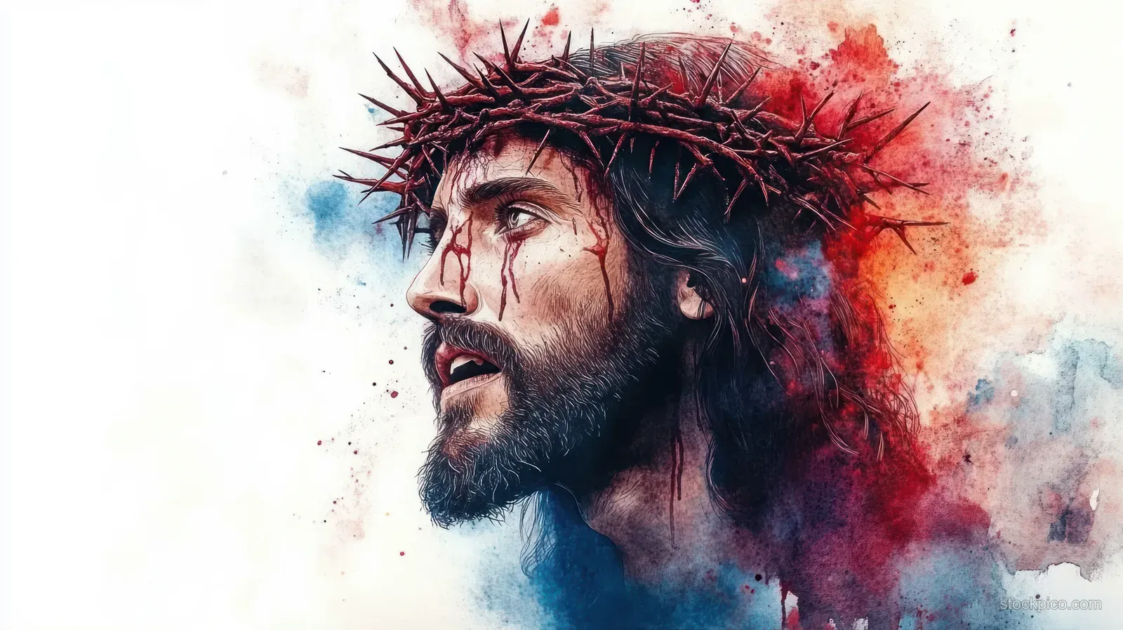 Side-profile portrait of a bearded man with a crown of thorns, blood dripping from his forehead over red and blue watercolor splashes.