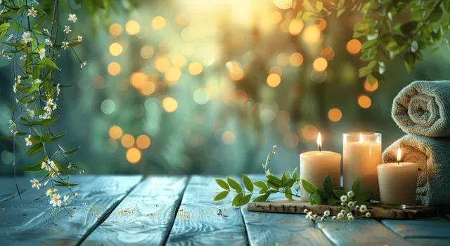 Blue spa table with candles, stacked towels, and greenery beside soft bokeh lights