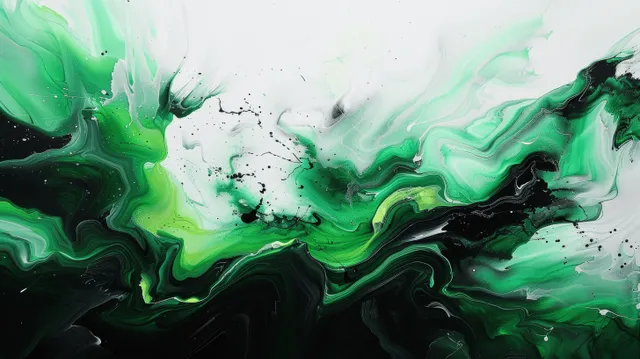 Green and black acrylic paint swirls with a white splash on textured background