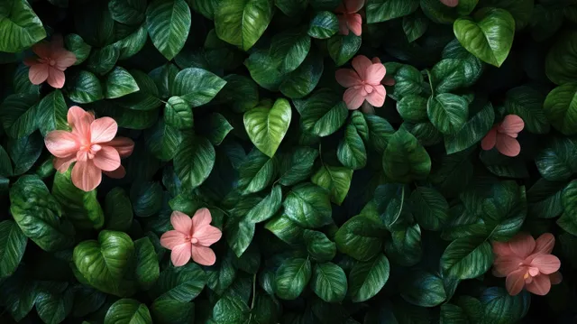 Lush green leaves with soft pink blossoms in a dense garden backdrop