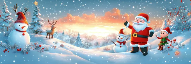 Santa, a snowman, and an elf stand in snowy hills with reindeer and sparkling lights behind them.