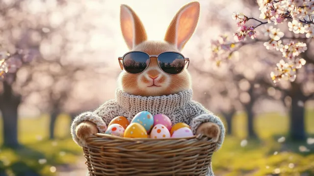 Cute brown rabbit in sunglasses holding a basket of decorated Easter eggs under blooming trees