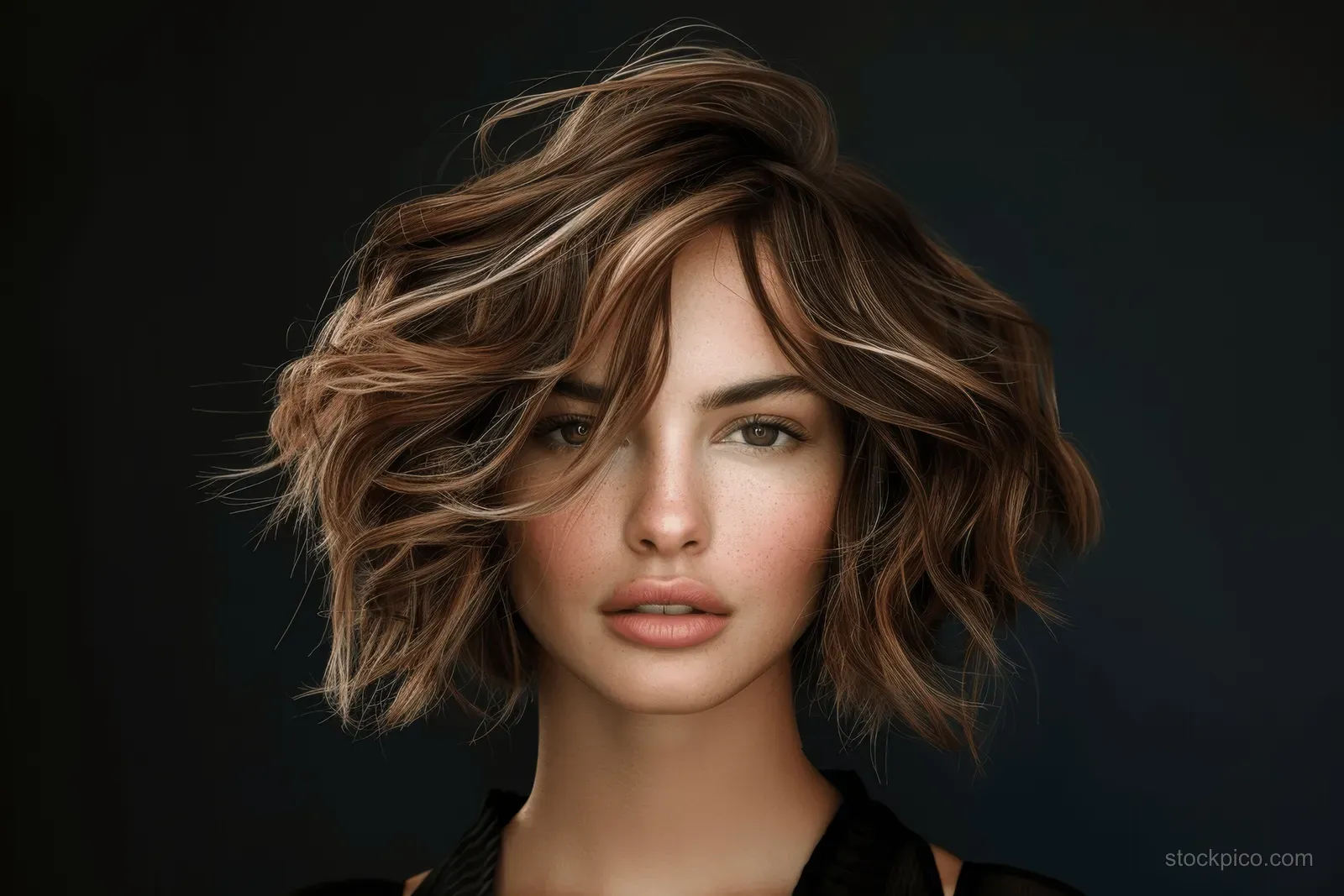 Woman in a studio portrait wearing a chestnut brown messy bob with tousled volume against a dark backdrop.