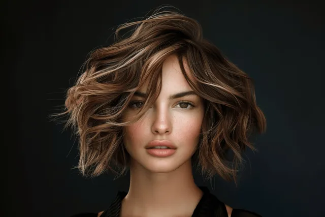 Woman with chestnut messy bob hairstyle striking a studio portrait with tousled volume