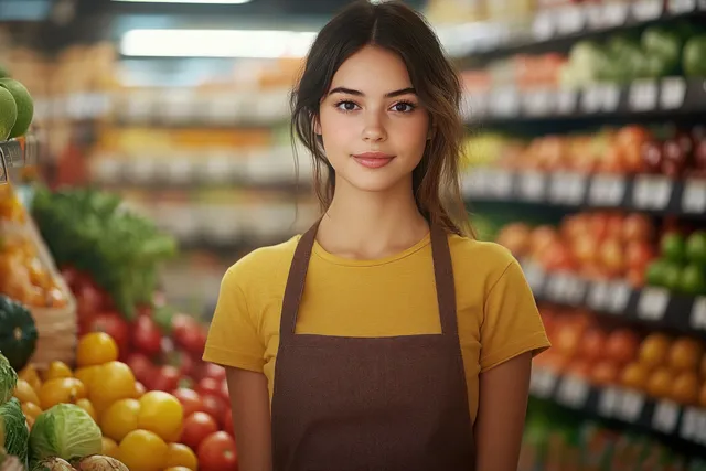 Smiling young woman in a brown apron stands in a grocery produce aisle with colorful fruits and vegetables behind her.