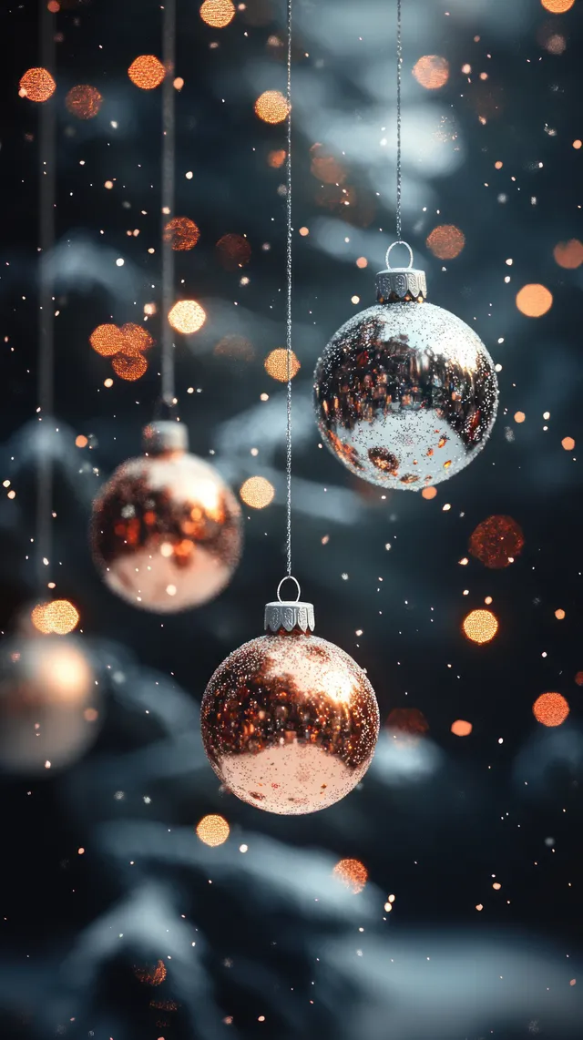 Silver and gold Christmas ornaments hang in snowy air with warm golden bokeh lights behind them.