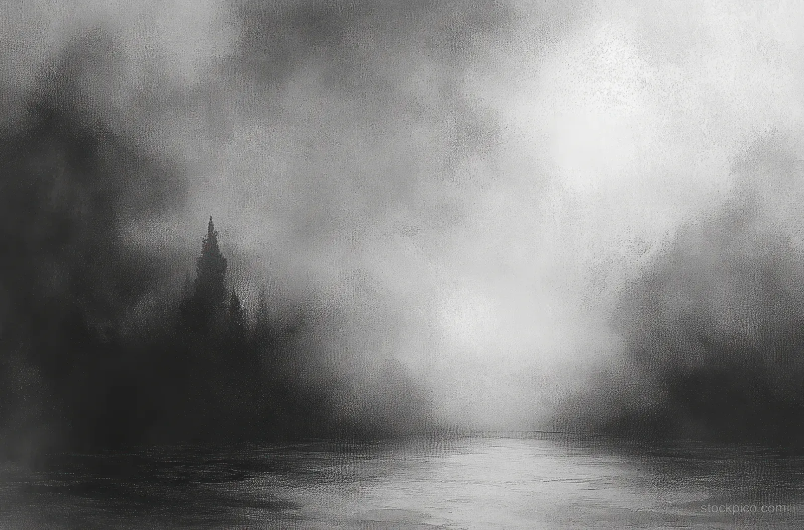 Dense mist covers a forest beside a calm lake, blurring dark tree silhouettes and reflections.