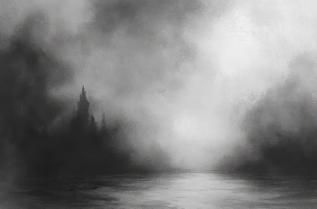 Dark foggy forest lake at dawn, dense mist blurring tree silhouettes and water reflections