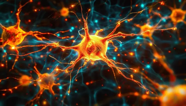 Glowing orange neurons with dendrites and axons spreading across a dark blue neural network