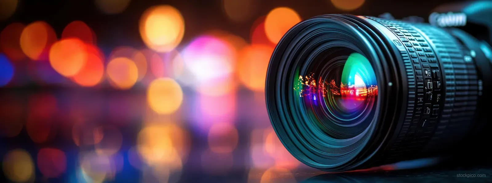 Close-up camera lens with rainbow reflections and colorful bokeh lights blurred in a dark studio background.