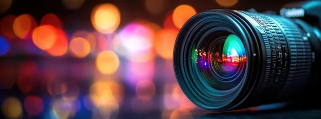 Close-up camera lens with rainbow reflections and colorful bokeh lights blurred in a dark studio background.
