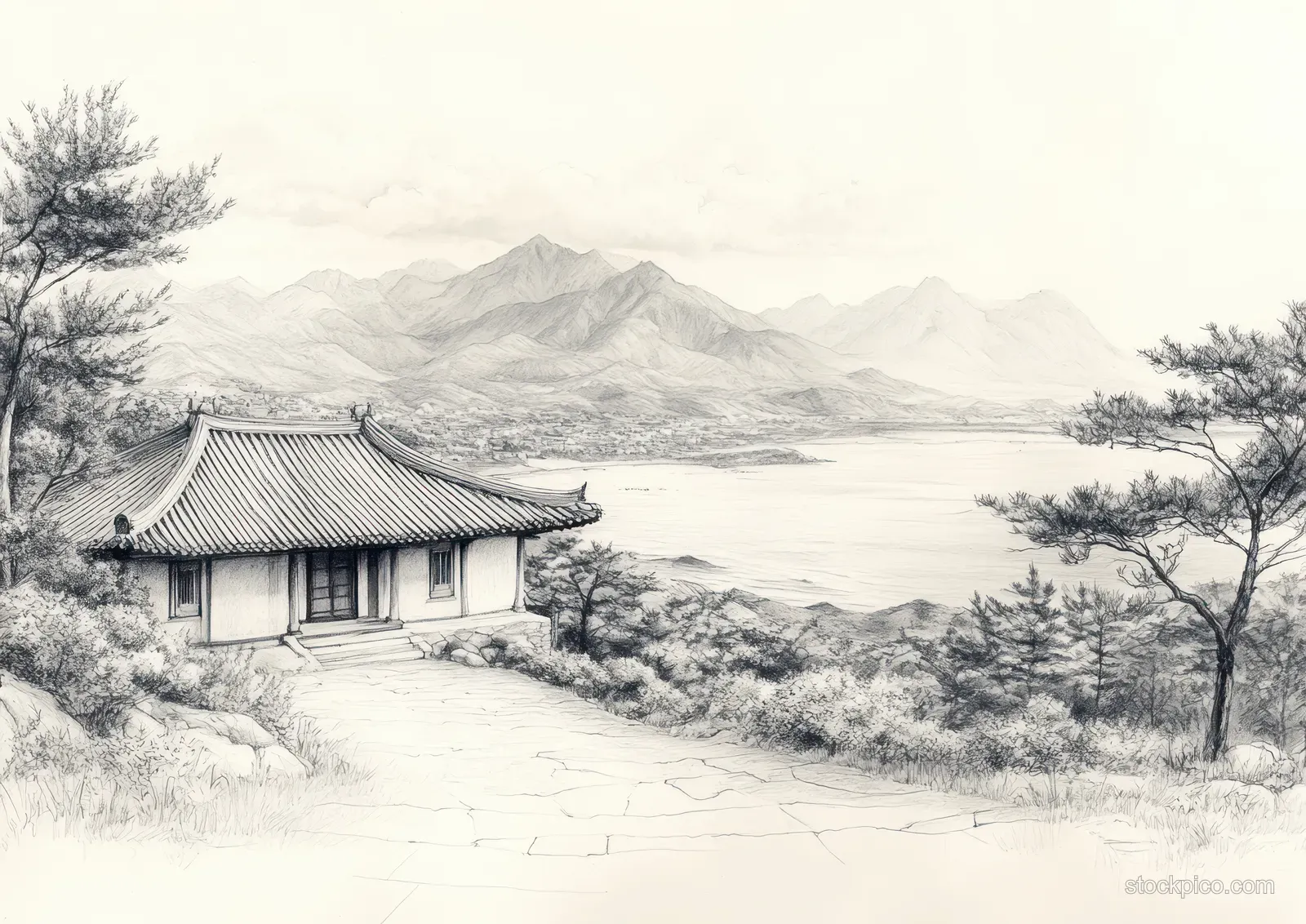 An ink sketch of a seaside village with a tiled house, trees, mountains, and a calm bay.