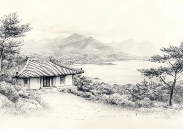 Seaside Village Ink Sketch with Mountains and Curving Shoreline