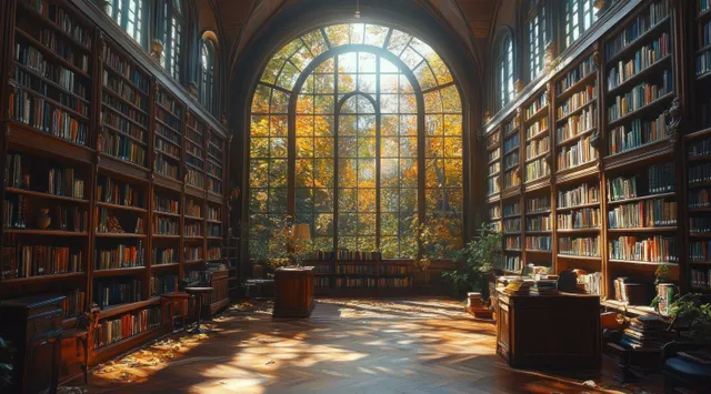 A student studies at a desk in a tall book-lined library, lit by warm sunlight through arched windows.
