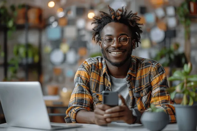 Smiling young man holding a smartphone at an office desk with a laptop and warm lights in the background.