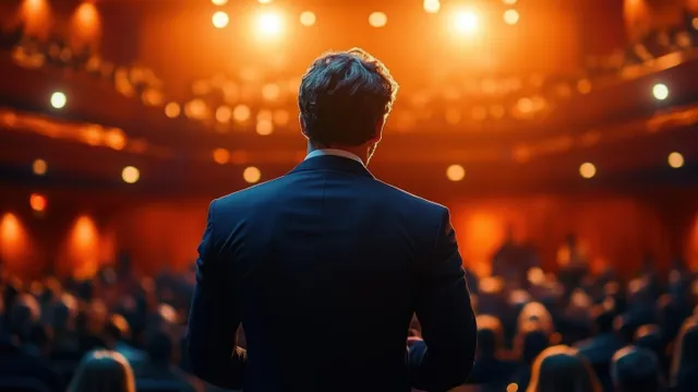 A man in a suit stands on stage facing an attentive audience under warm overhead lights.