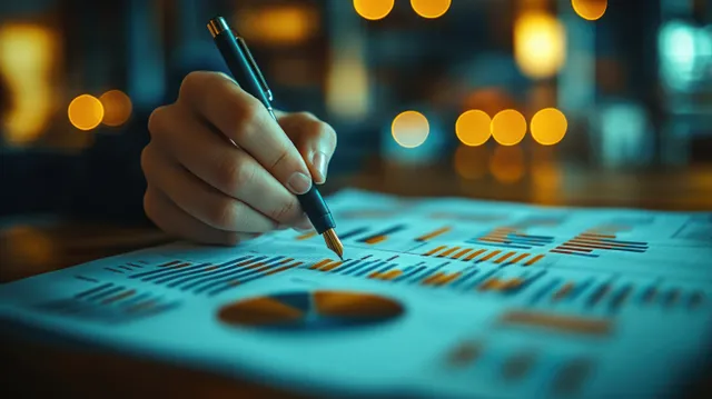 A hand holds a pen over business charts, emphasizing financial analysis with warm blurred lights in the background.