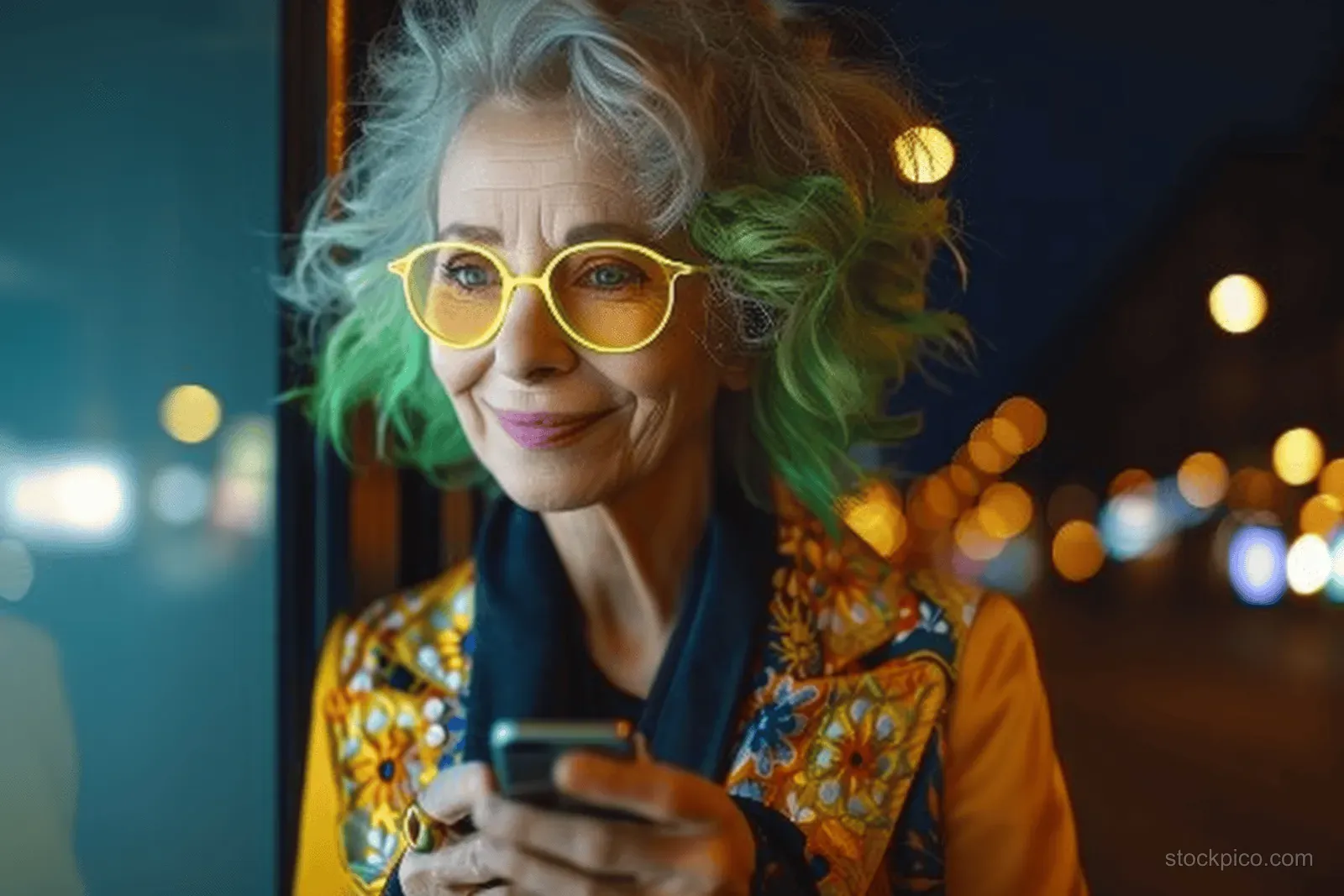 An elderly woman with neon green hair and yellow sunglasses smiles in a colorful coat against a vivid blue background.