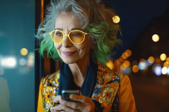 An elderly woman with neon green hair and yellow sunglasses smiles in a colorful coat against a vivid blue background.