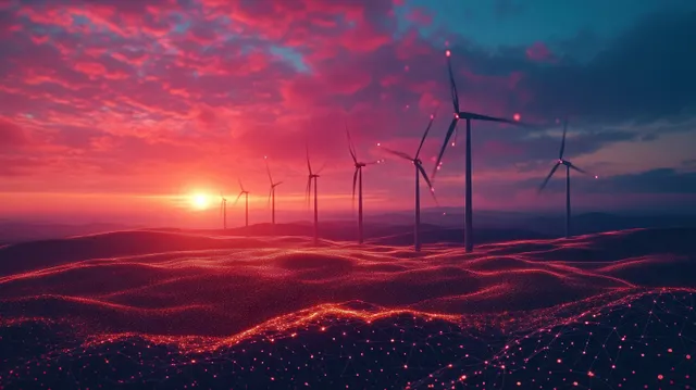 Wind turbines stand on rolling hills at sunset with a glowing digital grid and dotted network lines across the ground.