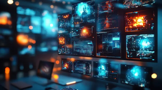 Holographic cyberpunk monitor wall projecting floating data panels in a dark control room