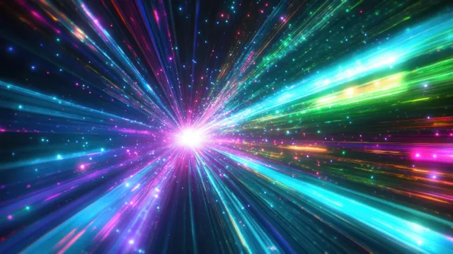 Radiant multicolor light beams burst from a glowing center with sparkling particles