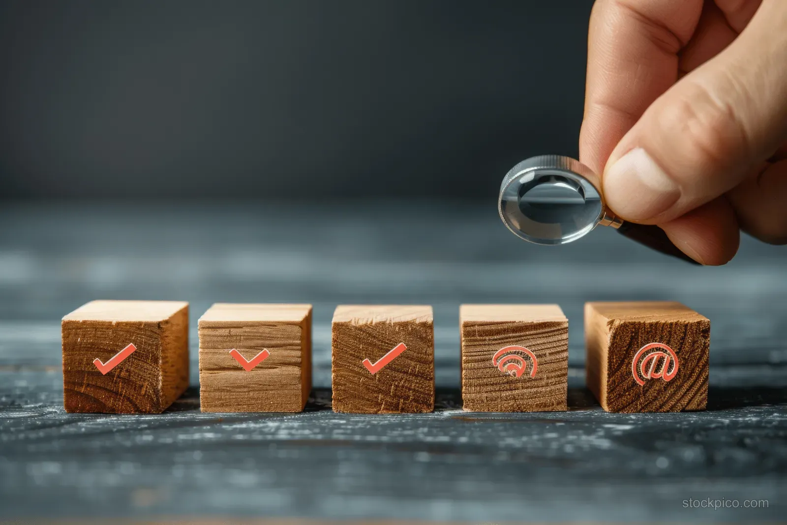 A hand holds a magnifying glass over wooden goal blocks marked with checkmarks and target symbols.