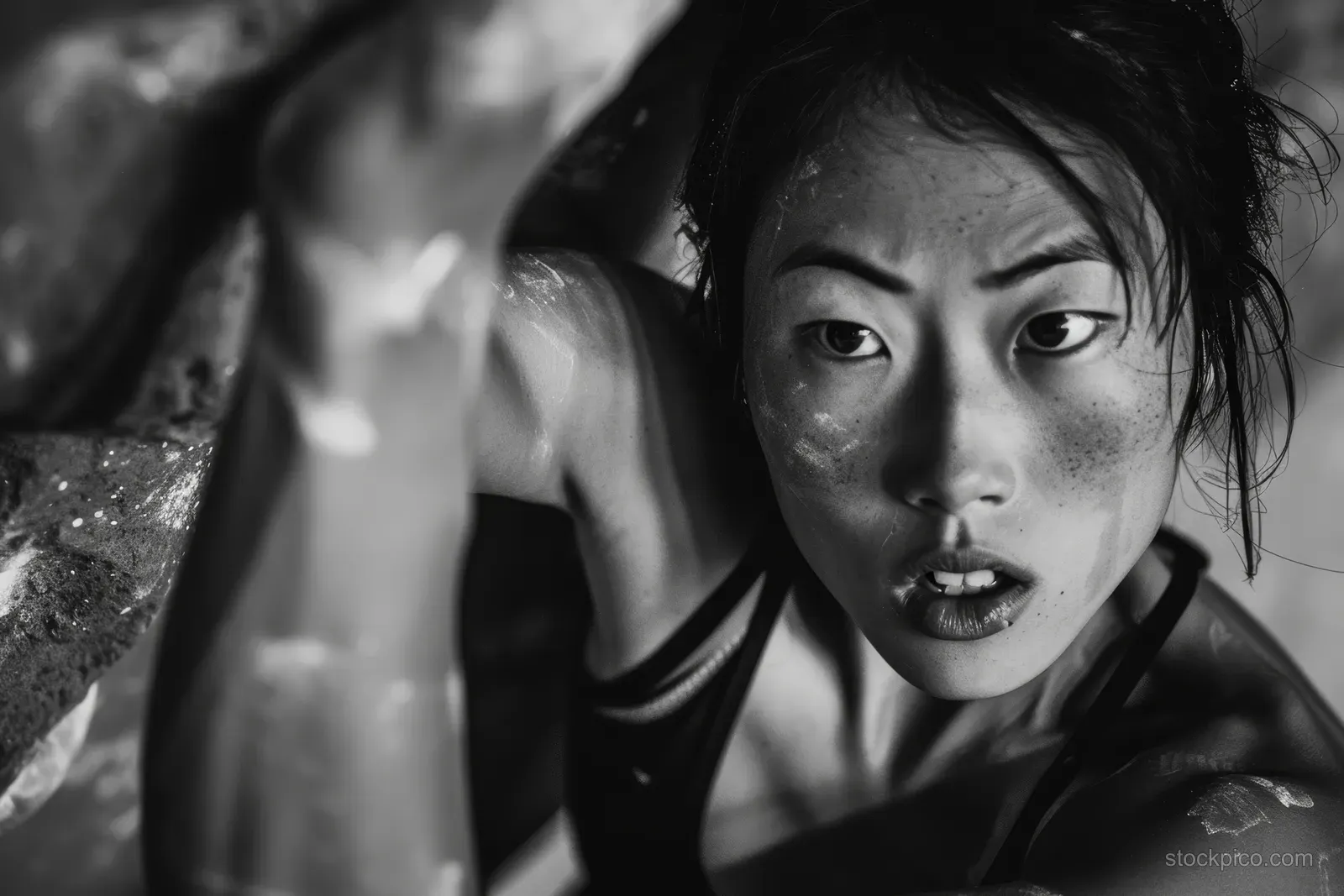 Japanese woman bouldering on a textured indoor wall, shown mid-move in black and white with blurred motion.