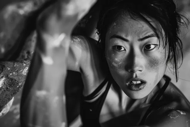 Japanese woman bouldering on textured wall, dynamic pose with dramatic black-and-white motion blur