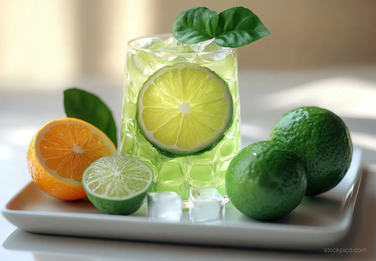 A clear glass of lime drink with ice cubes and citrus slices on a white plate under natural light.