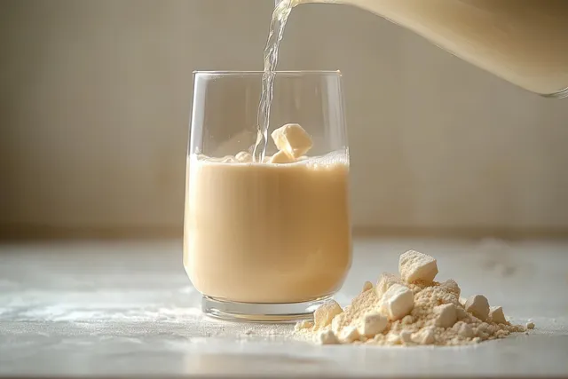 A clear glass is filled with a creamy protein shake while supplement powder cubes rest on the table.