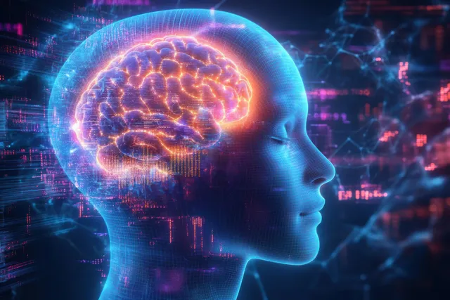 Glowing futuristic human head with neural patterns and a neon blue waveform over a data-stream background.