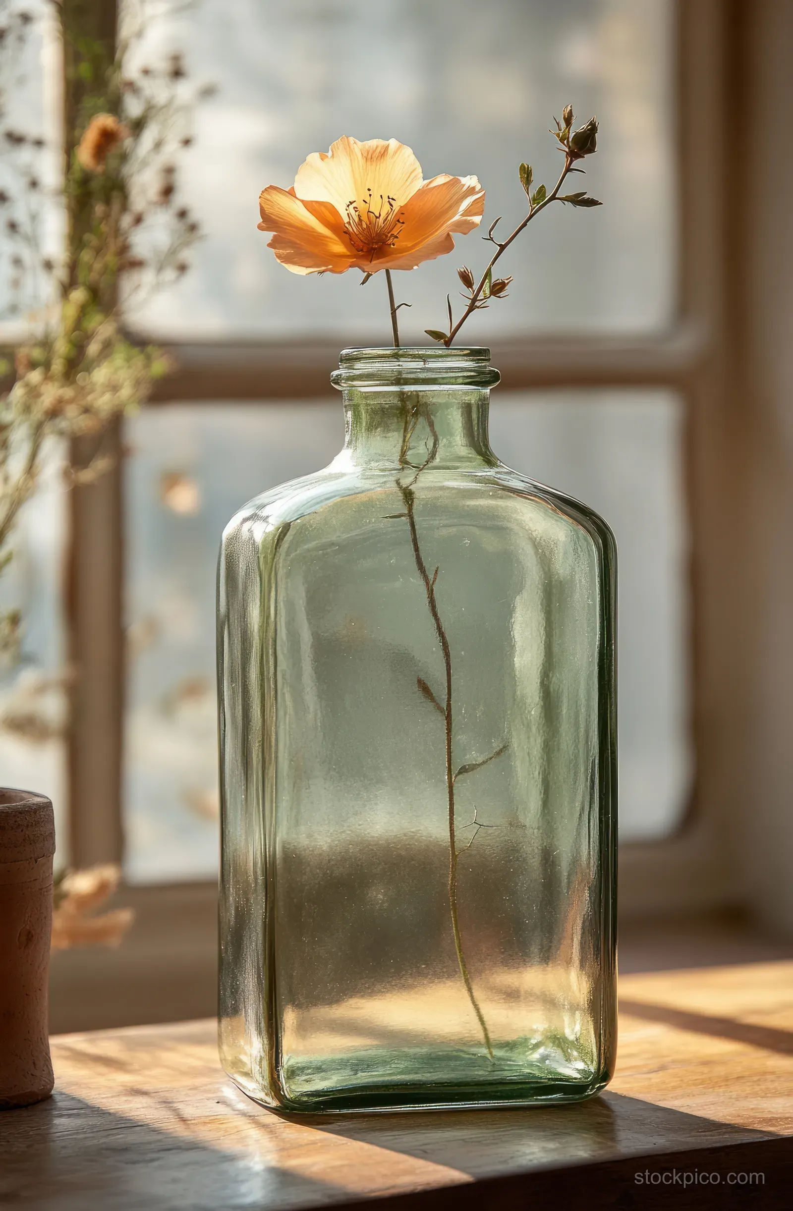 Vintage green glass bottle with dried grass beside a window, illuminated by warm natural sunlight and soft shadows.
