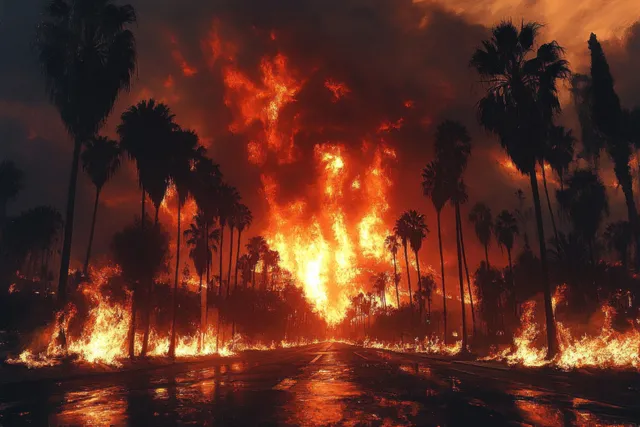 Wildfire Engulfs Palm-Lined Road Under a Dark Smoke-Filled Sky