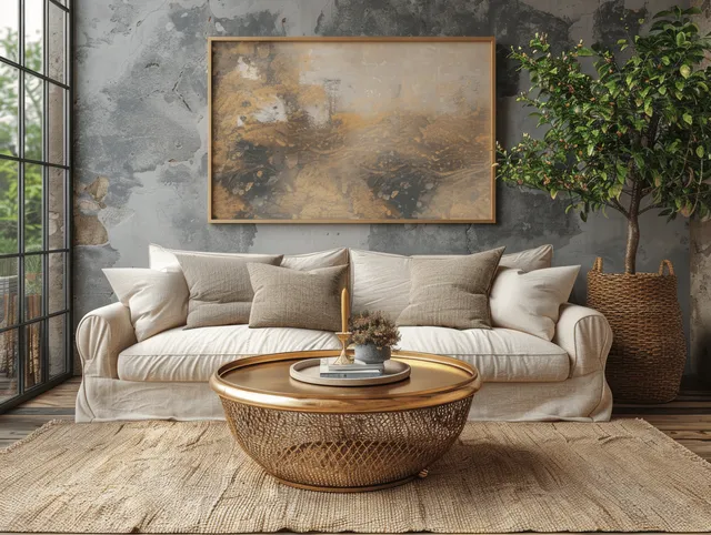 Beige sofa and round golden coffee table under framed abstract art on gray wall