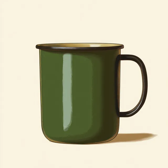 Green enamel mug with a black handle casting a soft shadow on a light background.