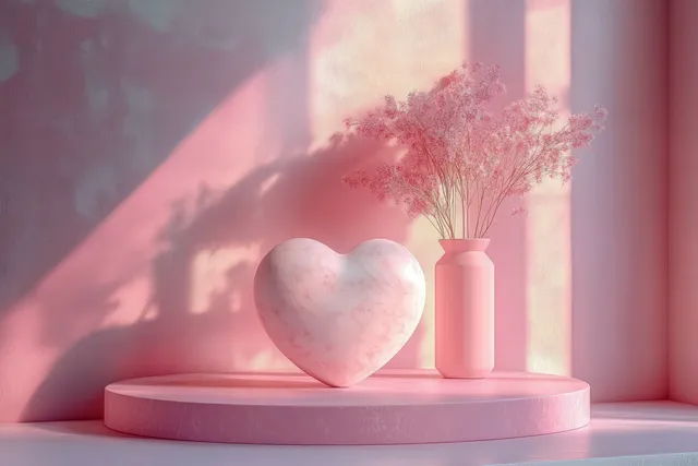 Soft pink interior still life with marble heart sculpture and vase of delicate flowers