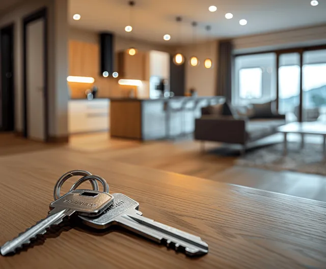 Apartment interior table with house keys and keyring near bright modern living room background